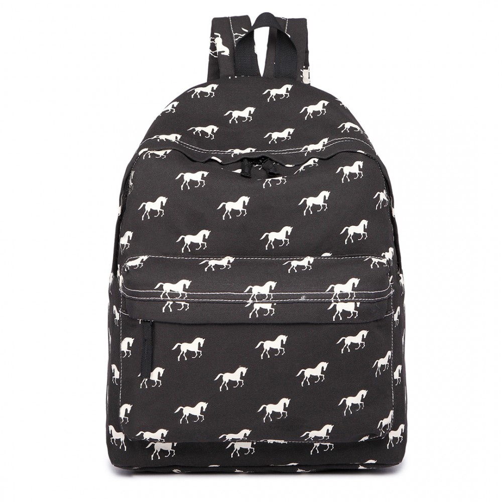 Rucsac școlar negru cu model de cai "Horses"