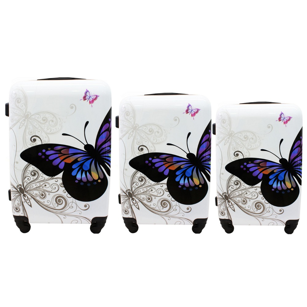 Set de 3 trolere rigide albe "Butterfly" - mărimile M, L și XL